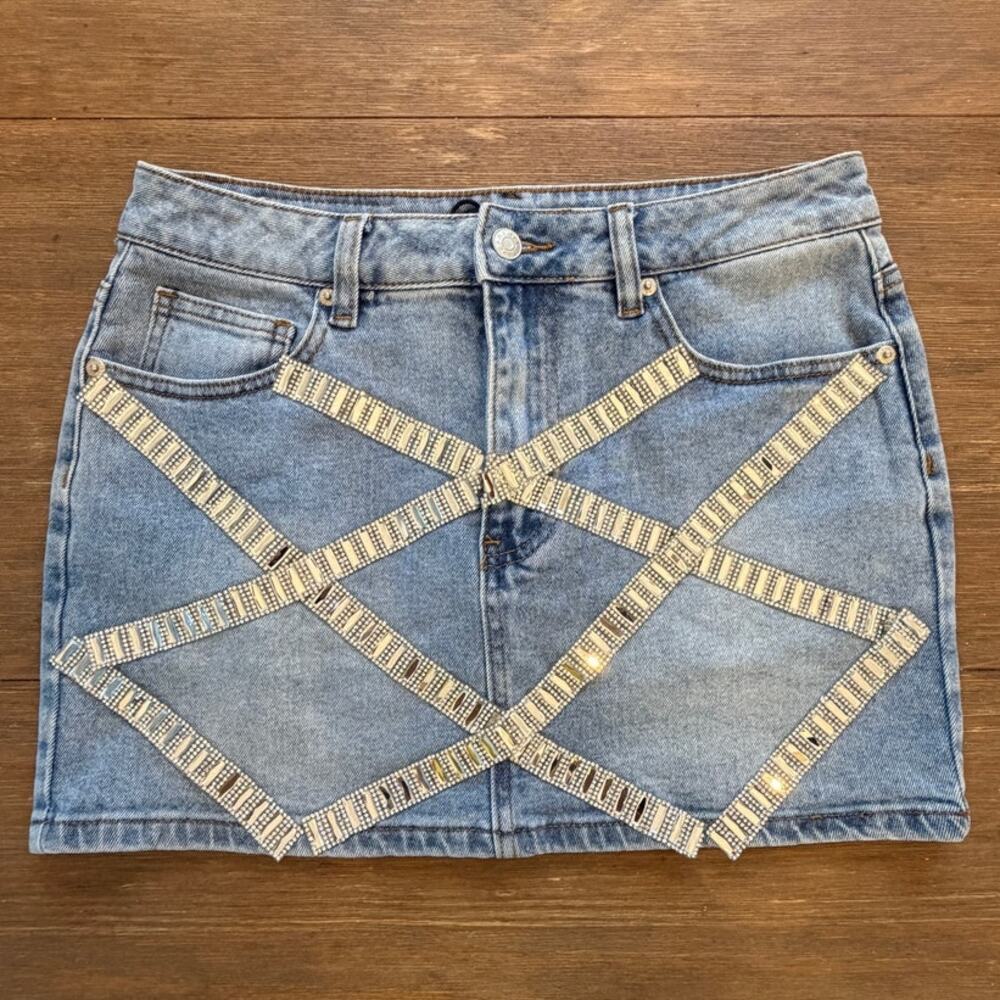 AKIRA Rhinestone Denim Mini Skirt Medium Light Wash Embellished Y2K Clubwear